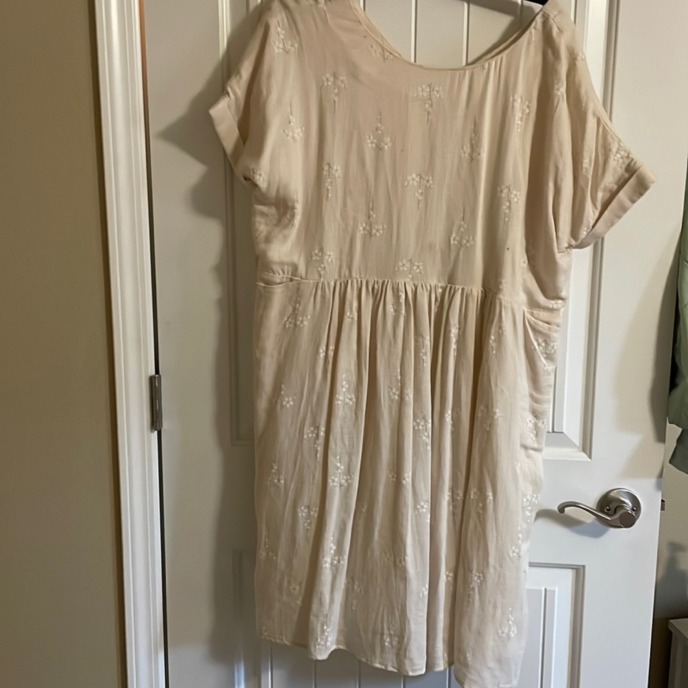 Cream colored Roolee dress, size large. Worn well (couple stains) runs big